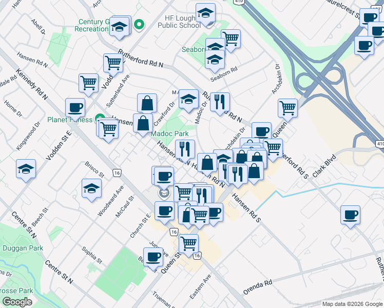 map of restaurants, bars, coffee shops, grocery stores, and more near 9 Mordon Court in Brampton