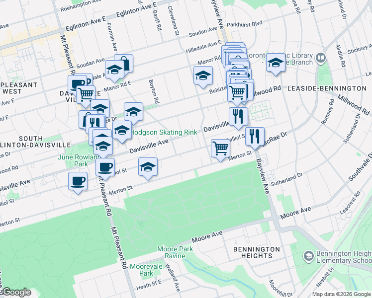 map of restaurants, bars, coffee shops, grocery stores, and more near in Toronto