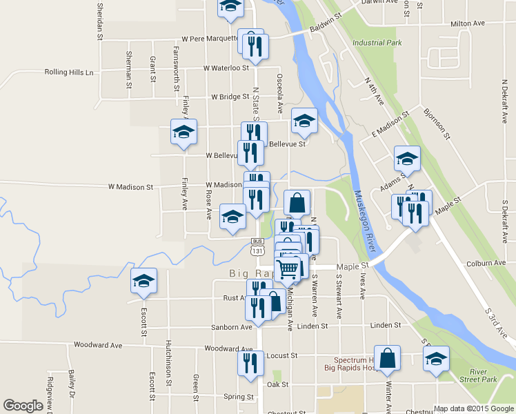 map of restaurants, bars, coffee shops, grocery stores, and more near 304 North State Street in Big Rapids