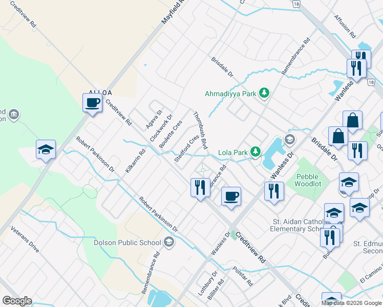 map of restaurants, bars, coffee shops, grocery stores, and more near 13 Stedford Crescent in Brampton