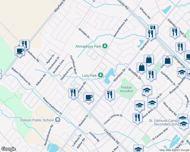 map of restaurants, bars, coffee shops, grocery stores, and more near 10 Lola Crescent in Brampton
