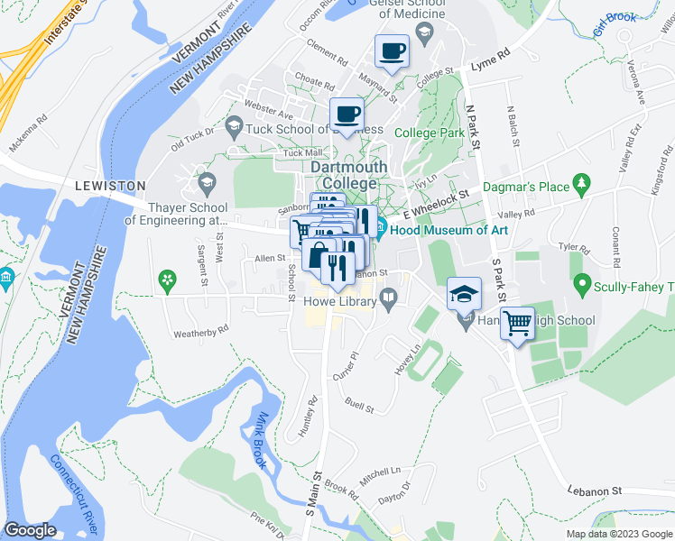 map of restaurants, bars, coffee shops, grocery stores, and more near 48 Main Street in Hanover