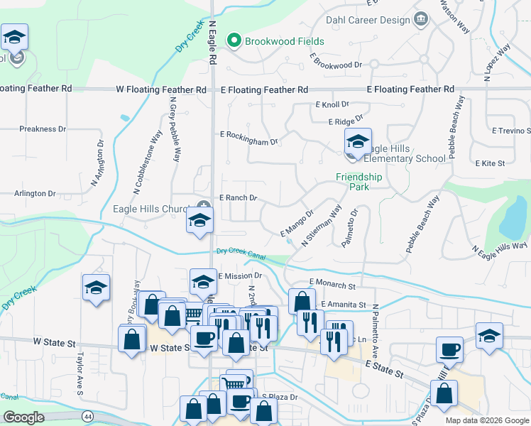 map of restaurants, bars, coffee shops, grocery stores, and more near 216 East Mango Drive in Eagle