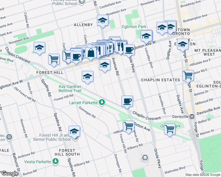 map of restaurants, bars, coffee shops, grocery stores, and more near 46 Braemar Avenue in Toronto
