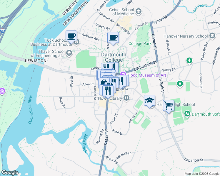 map of restaurants, bars, coffee shops, grocery stores, and more near 44 South Main Street in Hanover