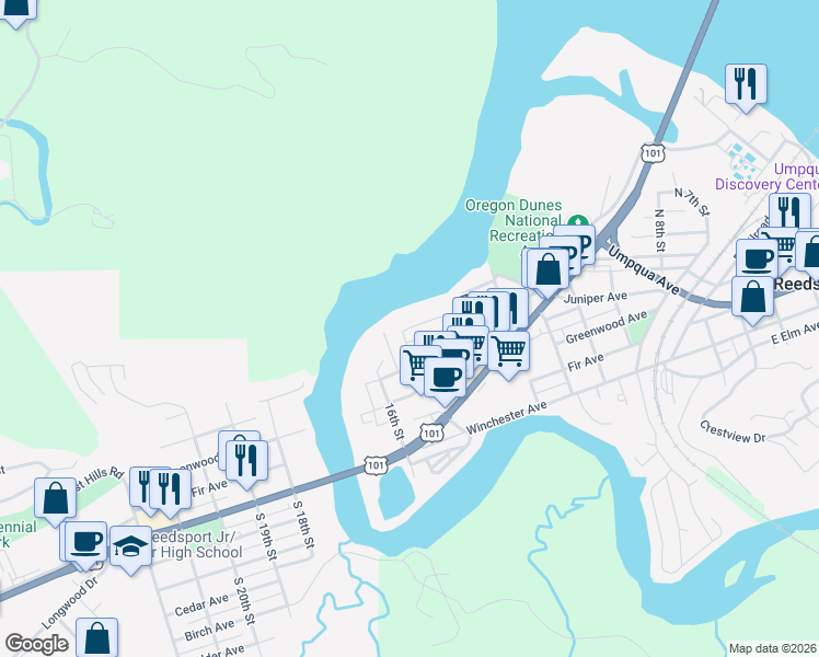 map of restaurants, bars, coffee shops, grocery stores, and more near 1413 Hawthorne Avenue in Reedsport