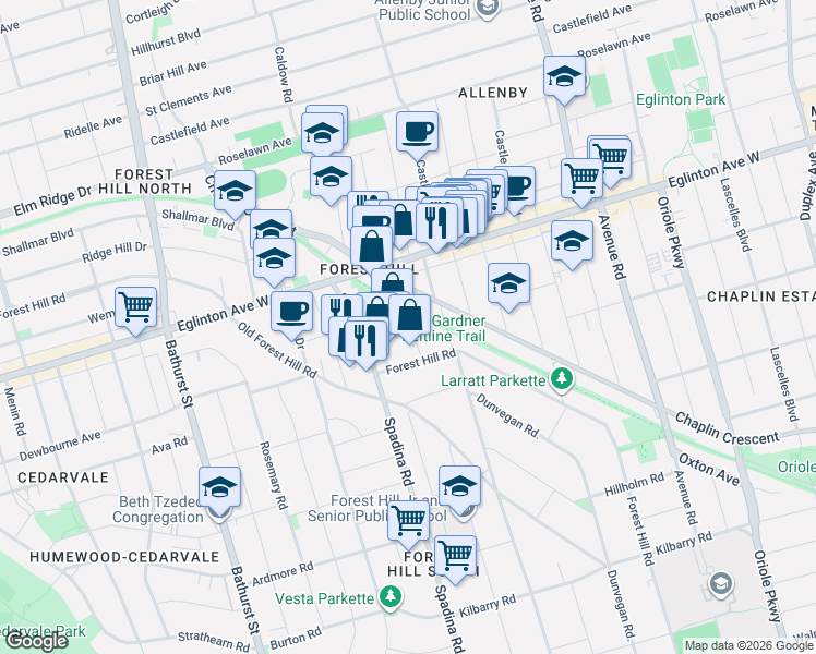 map of restaurants, bars, coffee shops, grocery stores, and more near 11 Ormsby Crescent in Toronto