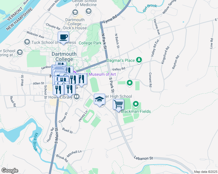 map of restaurants, bars, coffee shops, grocery stores, and more near 26 South Park Street in Hanover