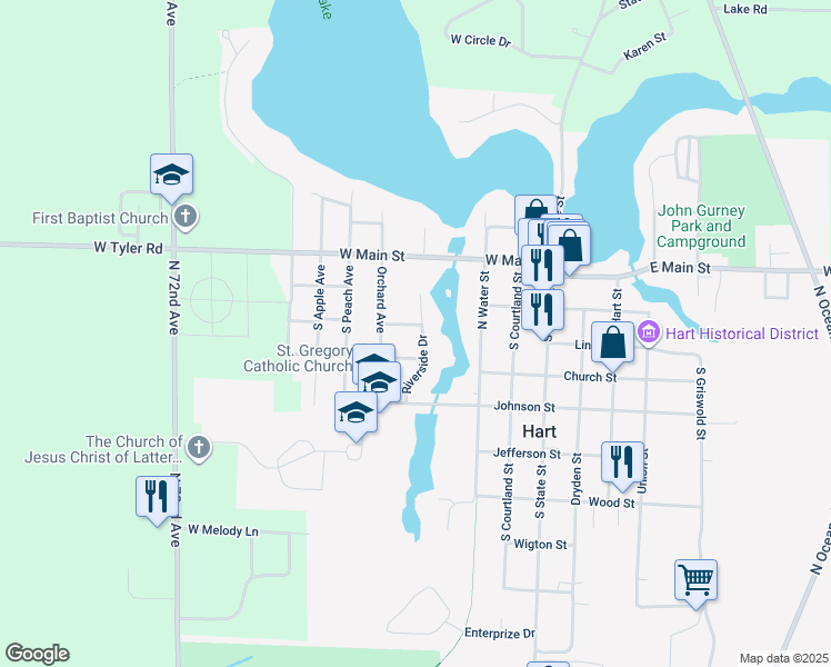 map of restaurants, bars, coffee shops, grocery stores, and more near 209 Riverside Dr in Hart