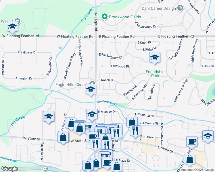 map of restaurants, bars, coffee shops, grocery stores, and more near 671 North Beachwood Street in Eagle