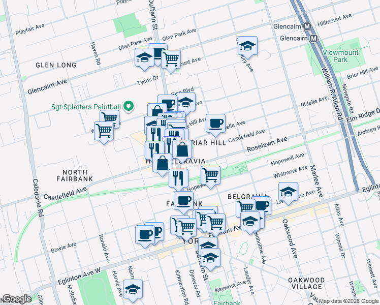 map of restaurants, bars, coffee shops, grocery stores, and more near 1050 Castlefield Avenue in Toronto