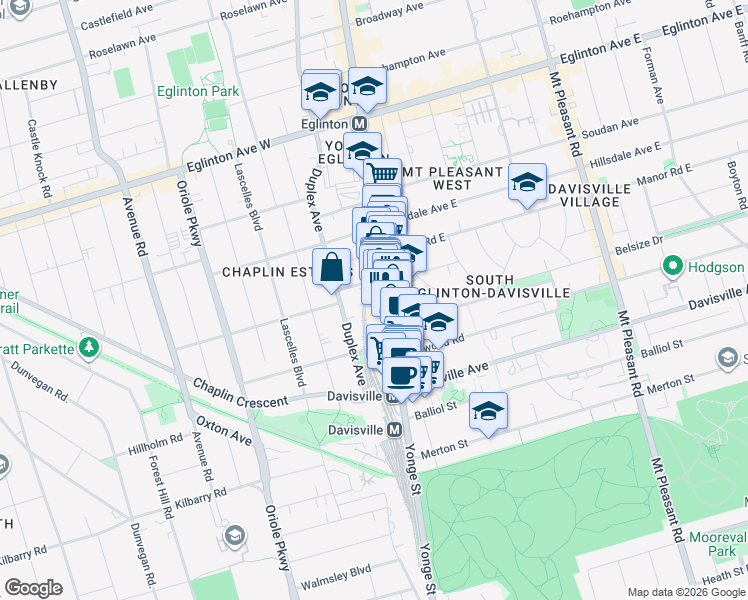 map of restaurants, bars, coffee shops, grocery stores, and more near 20 Glebe Road West in Toronto