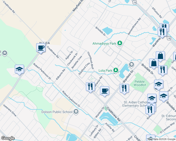 map of restaurants, bars, coffee shops, grocery stores, and more near Stedford Crescent in Brampton