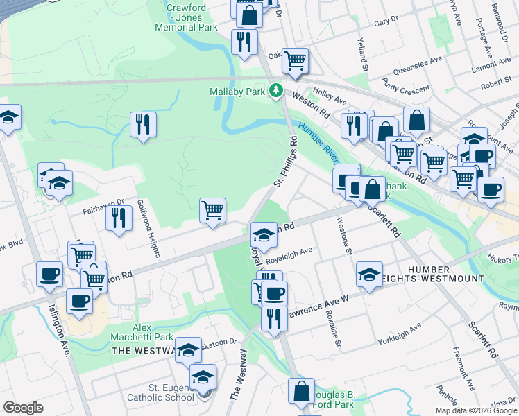 map of restaurants, bars, coffee shops, grocery stores, and more near 16 Saint Phillips Road in Toronto