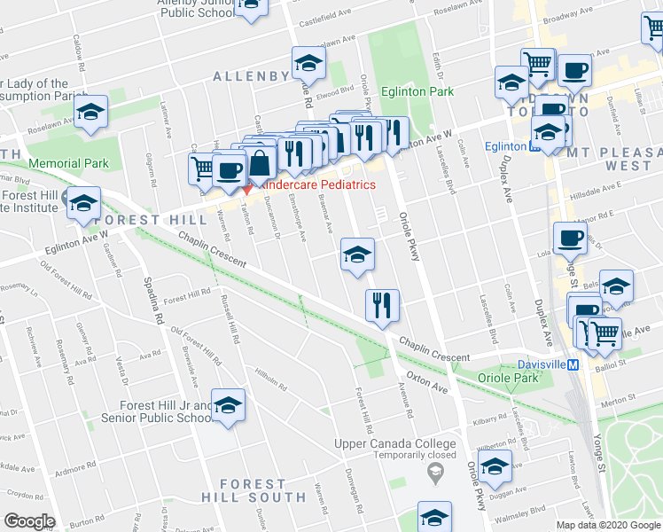 map of restaurants, bars, coffee shops, grocery stores, and more near in Toronto