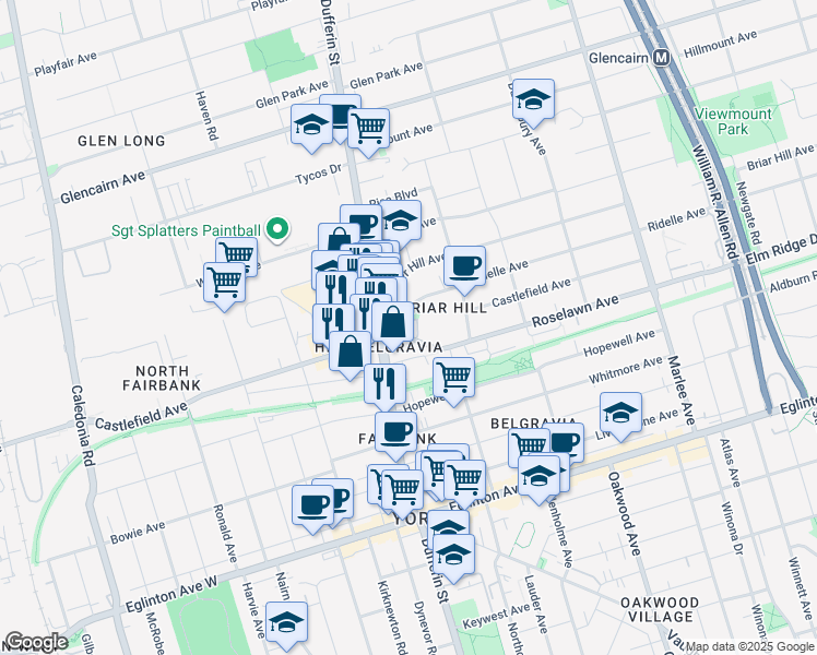 map of restaurants, bars, coffee shops, grocery stores, and more near in Toronto