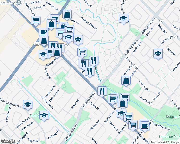 map of restaurants, bars, coffee shops, grocery stores, and more near 110 Brickyard Way in Brampton