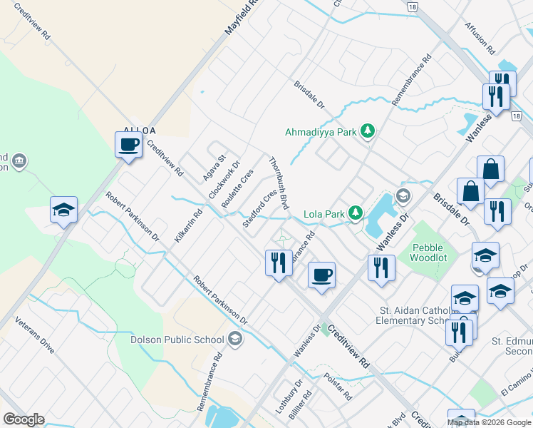 map of restaurants, bars, coffee shops, grocery stores, and more near 13 Stedford Crescent in Brampton