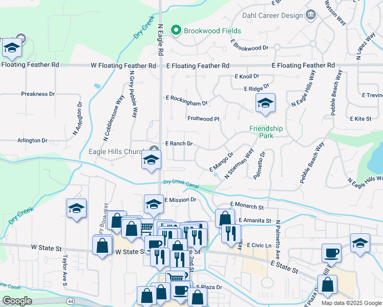 map of restaurants, bars, coffee shops, grocery stores, and more near 671 North Beachwood Street in Eagle