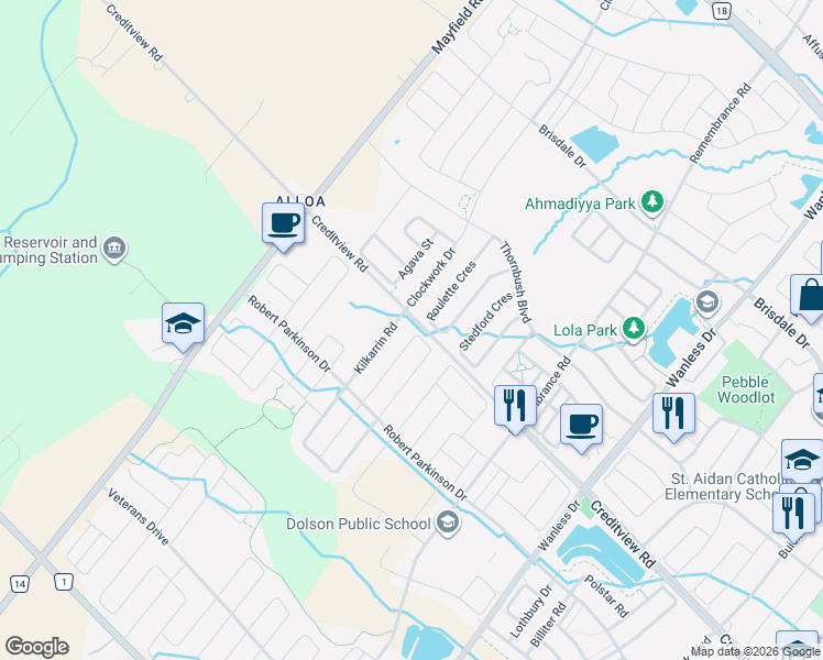 map of restaurants, bars, coffee shops, grocery stores, and more near 64 Enford Crescent in Brampton