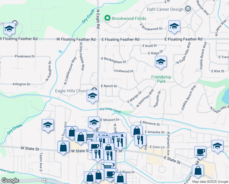 map of restaurants, bars, coffee shops, grocery stores, and more near 671 North Beachwood Street in Eagle