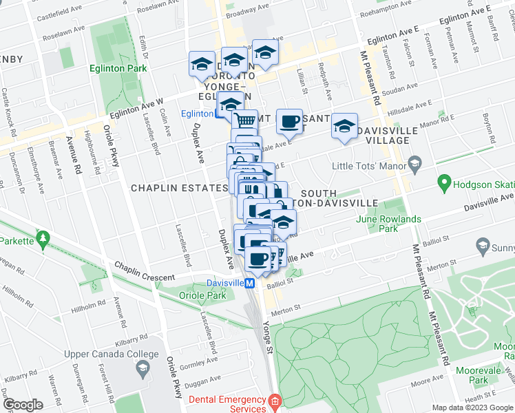 map of restaurants, bars, coffee shops, grocery stores, and more near 5 Glebe Road East in Toronto