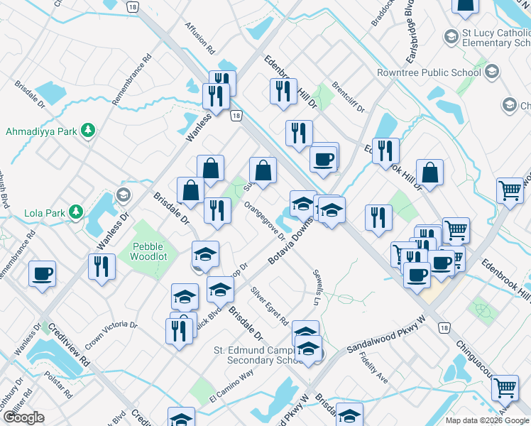 map of restaurants, bars, coffee shops, grocery stores, and more near 15 Orangegrove Drive in Brampton