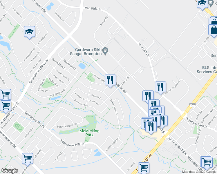 map of restaurants, bars, coffee shops, grocery stores, and more near 126 Tianalee Crescent in Brampton