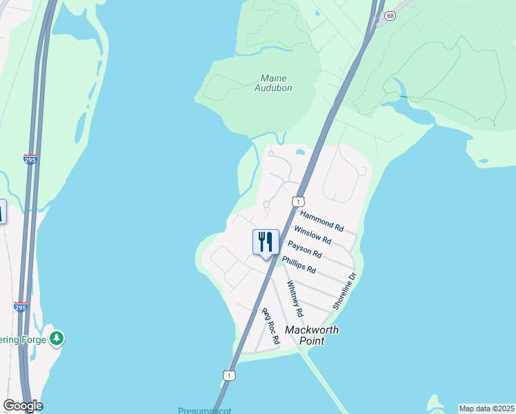 map of restaurants, bars, coffee shops, grocery stores, and more near 25 Foreside Common Road in Falmouth