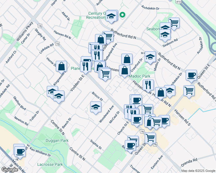 map of restaurants, bars, coffee shops, grocery stores, and more near 11-15 Marshall Drive in Brampton