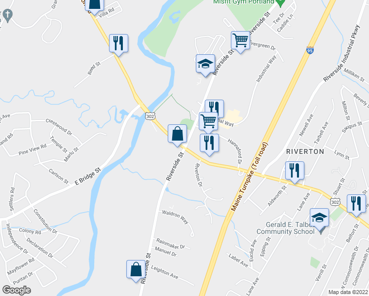map of restaurants, bars, coffee shops, grocery stores, and more near Forest Avenue & Riverside Street in Portland