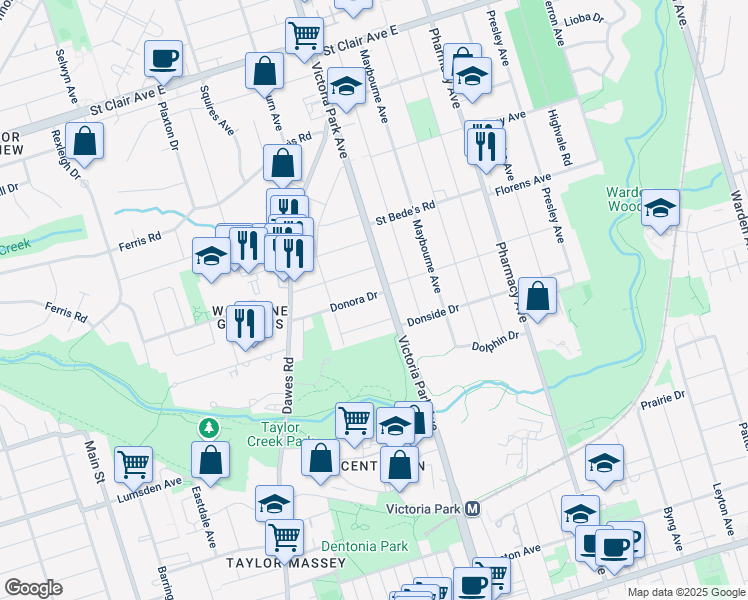 map of restaurants, bars, coffee shops, grocery stores, and more near 39 Donora Drive in Toronto