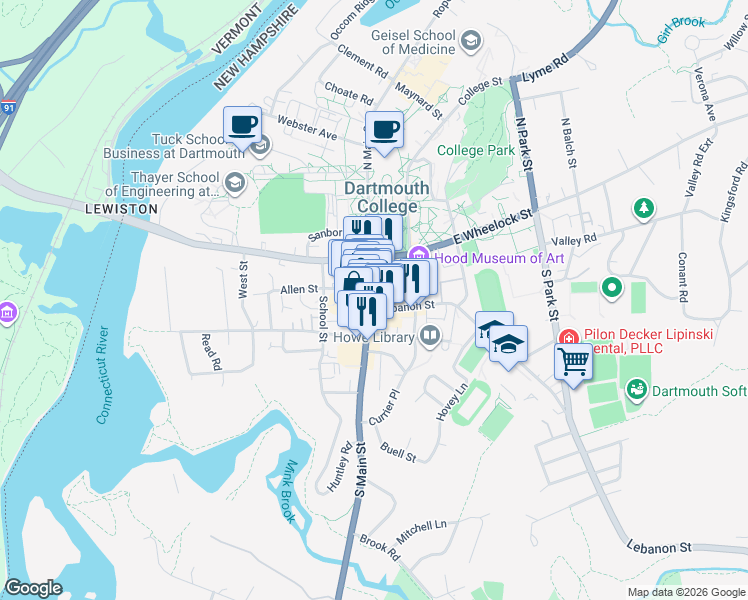 map of restaurants, bars, coffee shops, grocery stores, and more near 44 South Main Street in Hanover