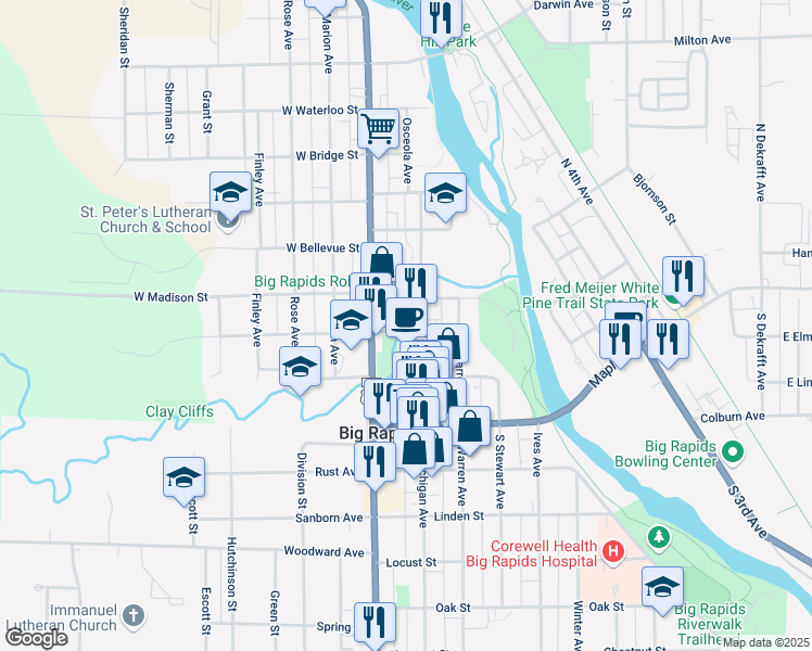 map of restaurants, bars, coffee shops, grocery stores, and more near 125 East Pine Street in Big Rapids