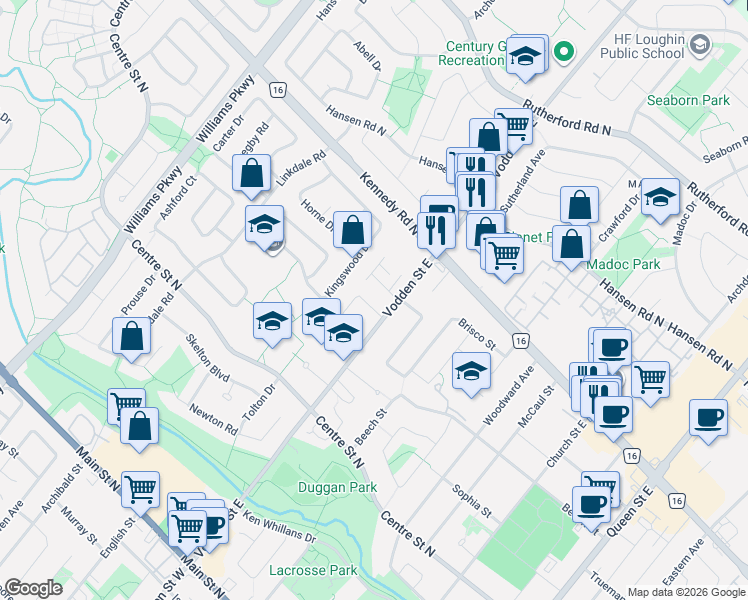 map of restaurants, bars, coffee shops, grocery stores, and more near 52 Garfield Crescent in Brampton