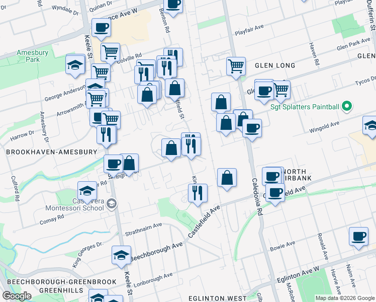 map of restaurants, bars, coffee shops, grocery stores, and more near 86 Ingram Drive in Toronto