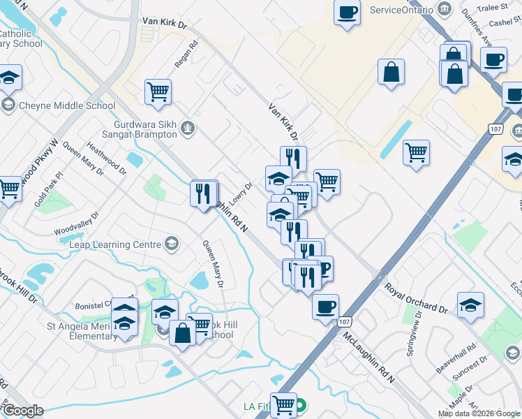 map of restaurants, bars, coffee shops, grocery stores, and more near 20 Regan Road in Brampton