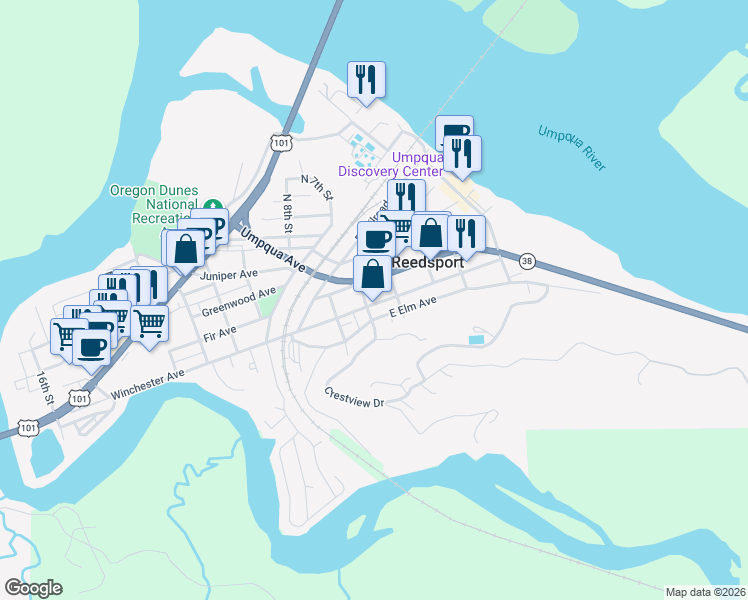 map of restaurants, bars, coffee shops, grocery stores, and more near 125 North 6th Street in Winchester Bay