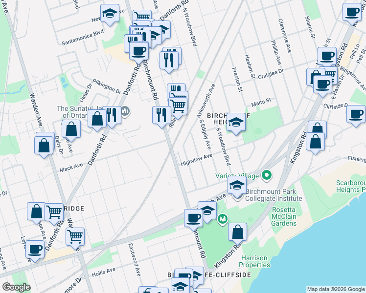 map of restaurants, bars, coffee shops, grocery stores, and more near 282B Aylesworth Avenue in Toronto