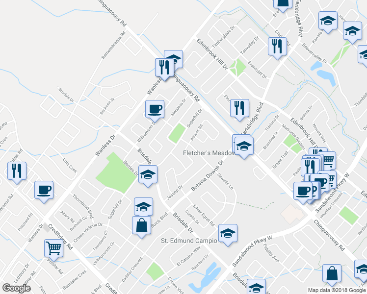 map of restaurants, bars, coffee shops, grocery stores, and more near 6 Keats Terrace in Brampton