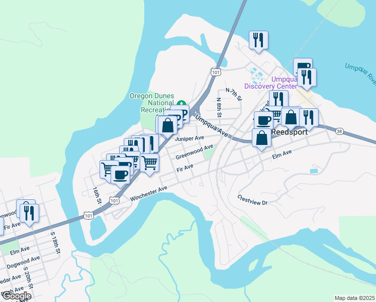 map of restaurants, bars, coffee shops, grocery stores, and more near 991 Greenwood Avenue in Reedsport