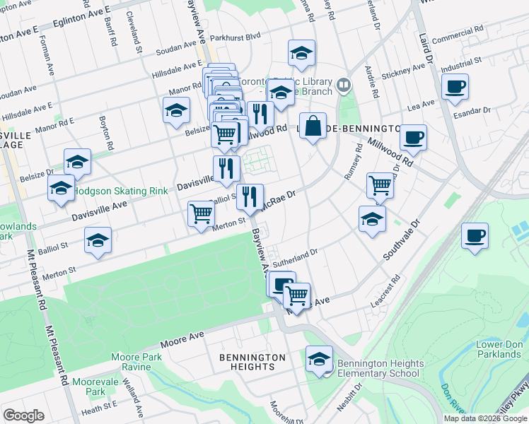 map of restaurants, bars, coffee shops, grocery stores, and more near in Toronto