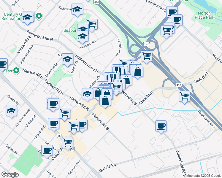 map of restaurants, bars, coffee shops, grocery stores, and more near 261 Queen Street East in Brampton