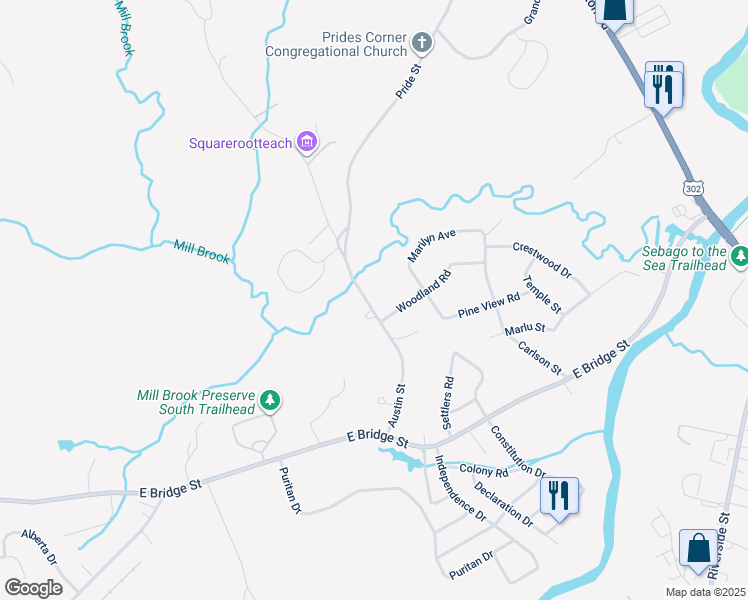 map of restaurants, bars, coffee shops, grocery stores, and more near 151 Austin Street in Westbrook