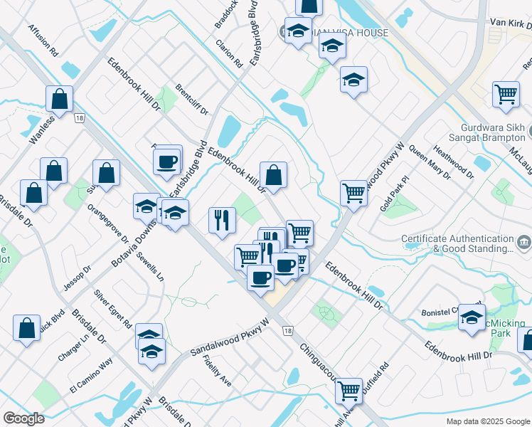 map of restaurants, bars, coffee shops, grocery stores, and more near 214 Edenbrook Hill Drive in Brampton