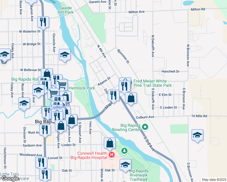 map of restaurants, bars, coffee shops, grocery stores, and more near 124 2nd Avenue in Big Rapids