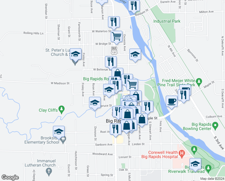 map of restaurants, bars, coffee shops, grocery stores, and more near 124 West Pine Street in Big Rapids