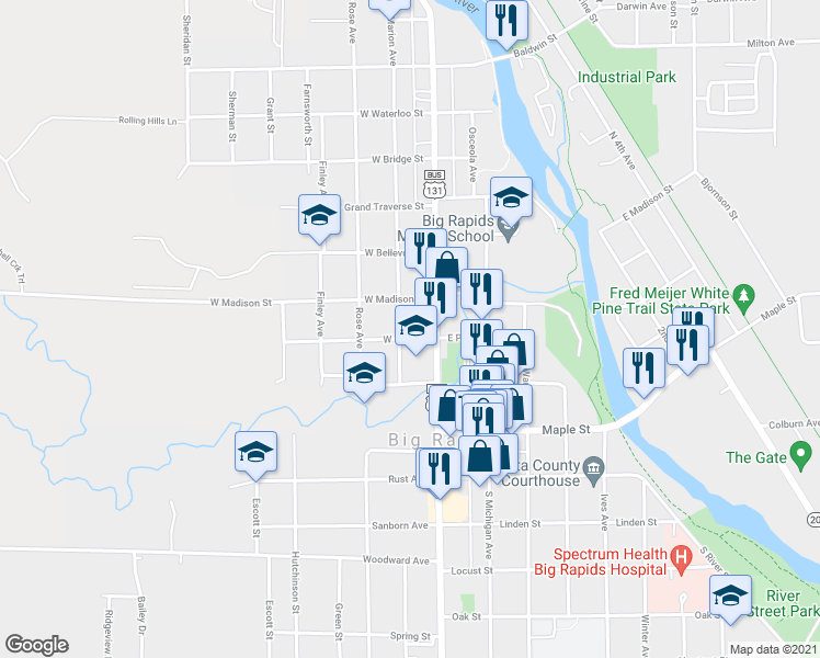 map of restaurants, bars, coffee shops, grocery stores, and more near 124 West Pine Street in Big Rapids