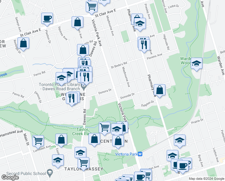 map of restaurants, bars, coffee shops, grocery stores, and more near 41 Donora Drive in Toronto