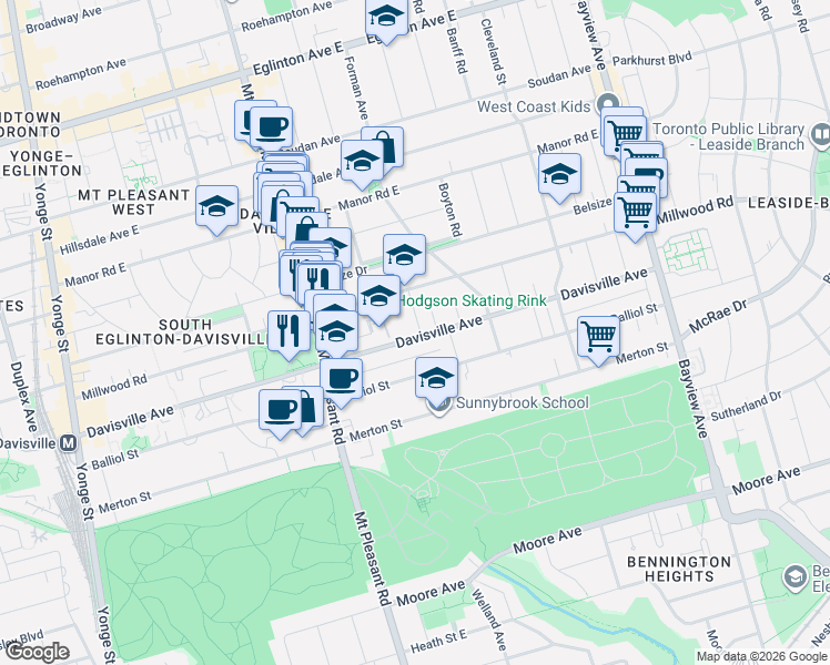 map of restaurants, bars, coffee shops, grocery stores, and more near 4 Belle Ayre Boulevard in Toronto